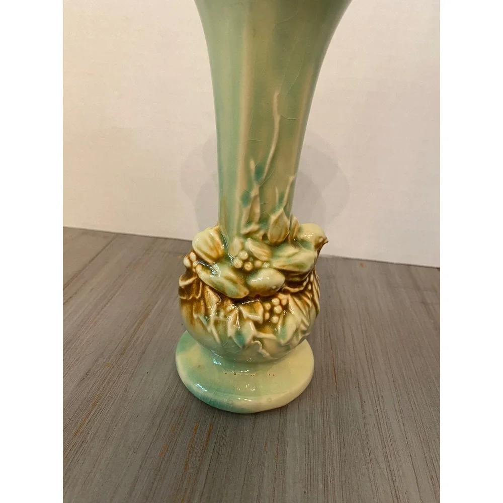 Vintage McCoy Bird and Nest Ceramic Bud Vase Celadon Green Brown Drip Glaze